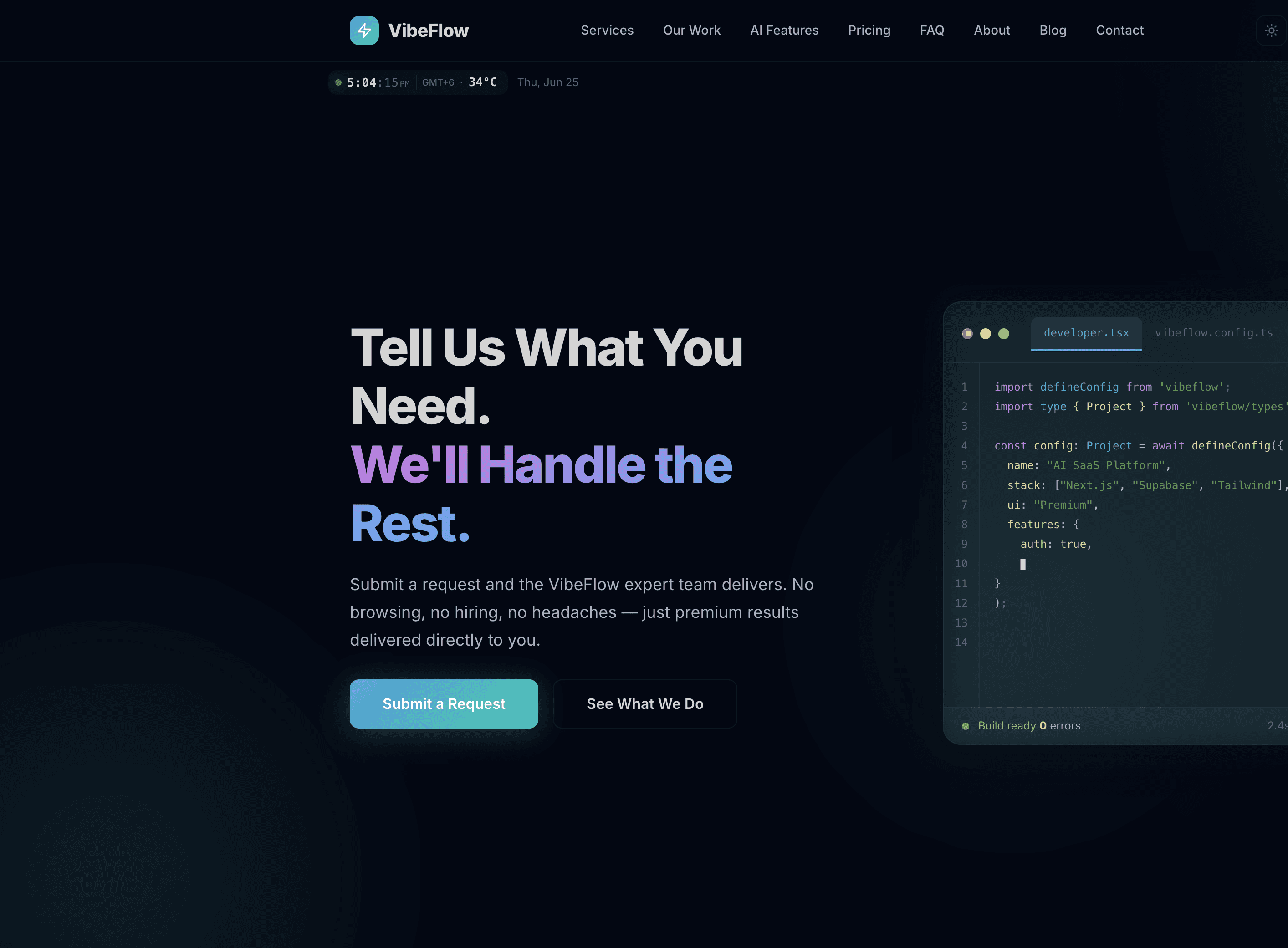 VibeFlow on-demand creative and dev service landing page